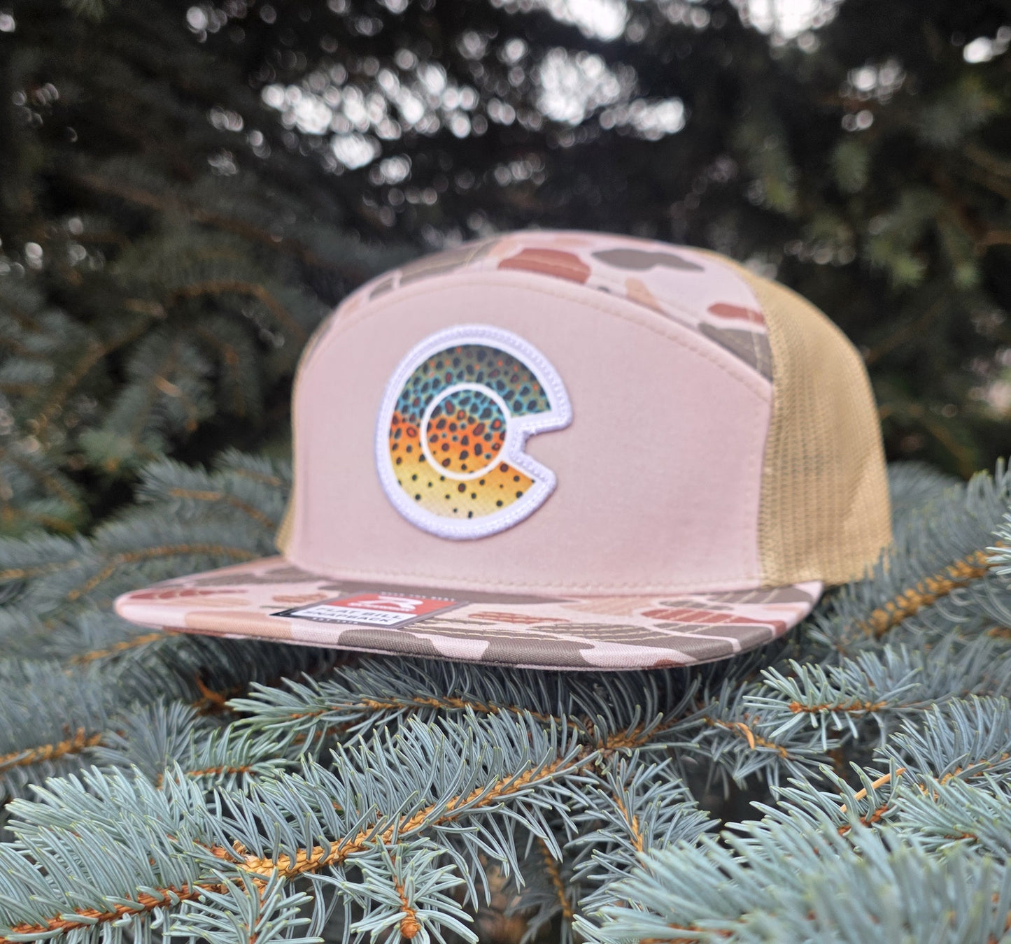 COLORADO FLYFISHING TROUT HAT -HI PRO 7 PANEL TRUCKER BROWN TROUT PATCH