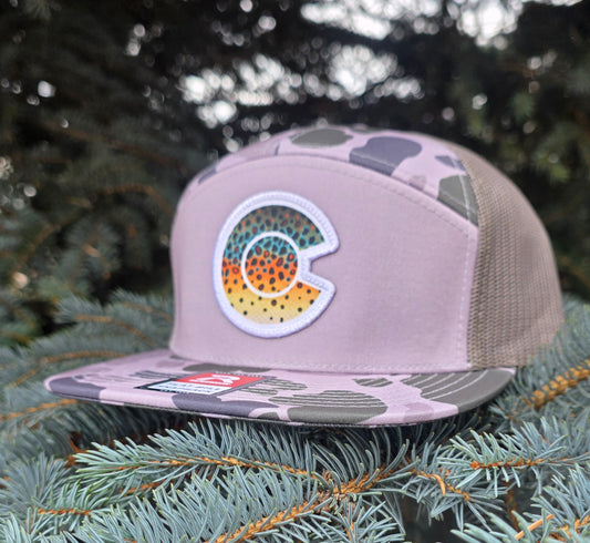 COLORADO FLYFISHING TROUT HAT -HI PRO 7 PANEL TRUCKER BROWN TROUT PATCH
