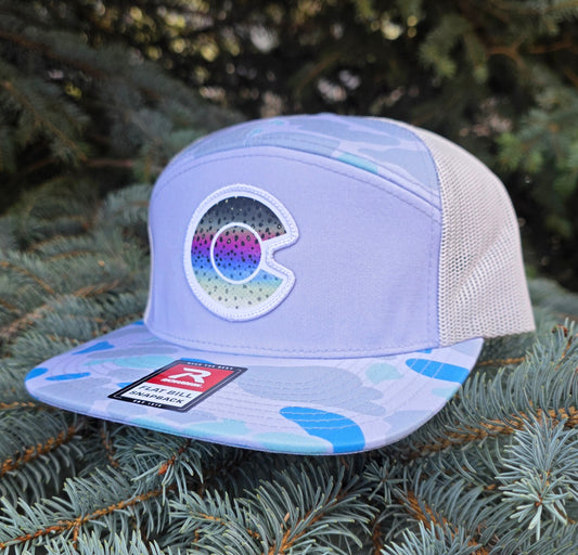 COLORADO FLYFISHING TROUT HAT -HI PRO 7 PANEL TRUCKER RAINBOW TROUT PATCH